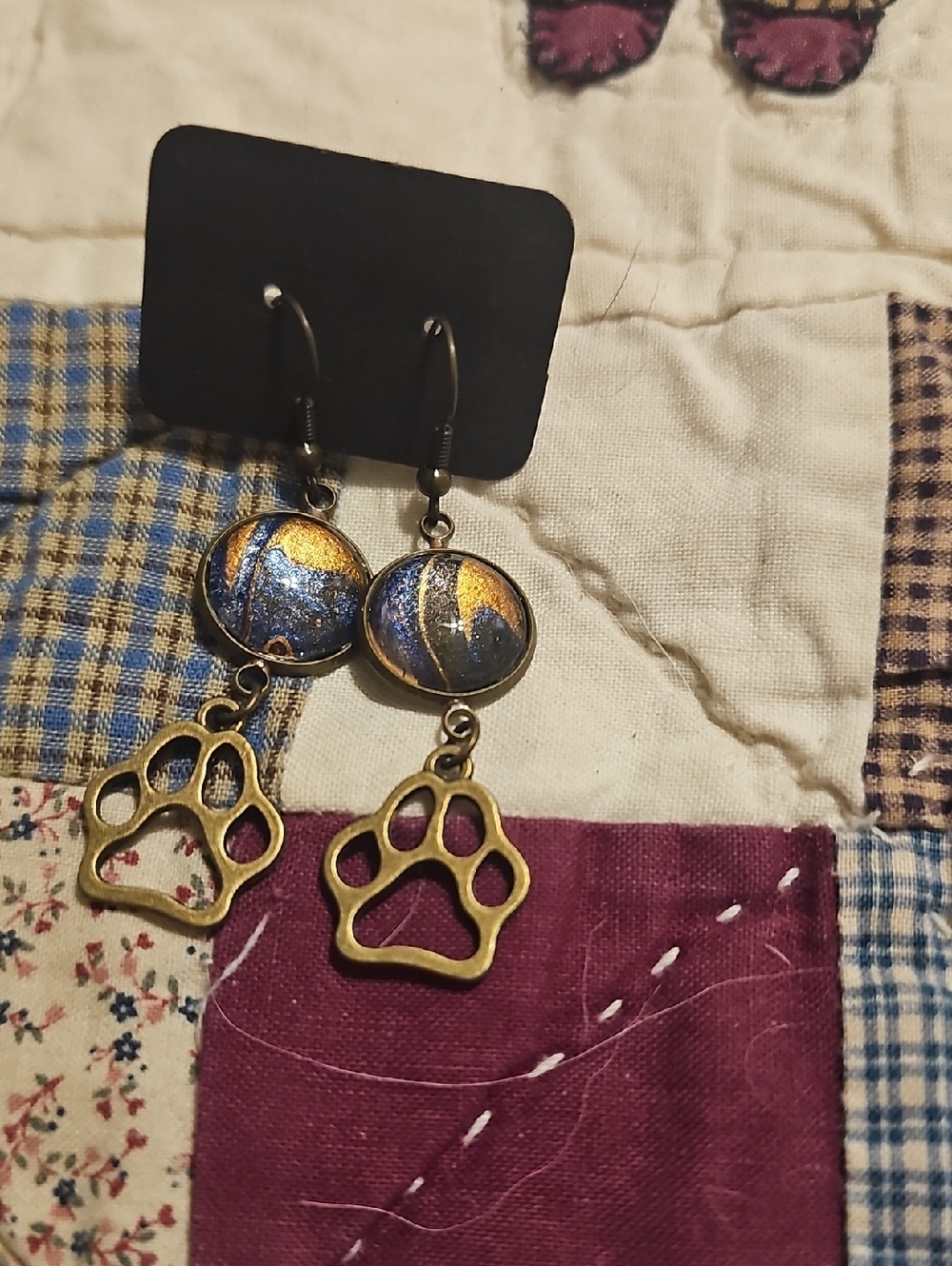 Blue and Gold Paw Print Dangle Earrings - Women Jewelry Earrings